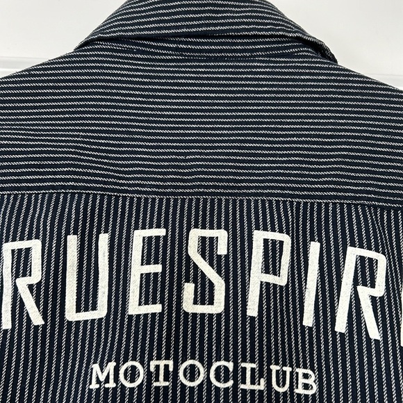 Massive Premium Quality Goods, NYC Navy Blue Striped Shirt w Moto Club Graphics - Picture 9 of 10